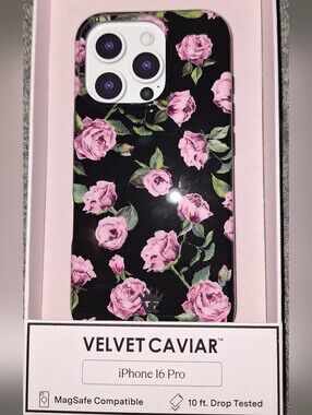 Velvet Caviar iPhone 16 Pro Black Case with Pink Rose Floral Design